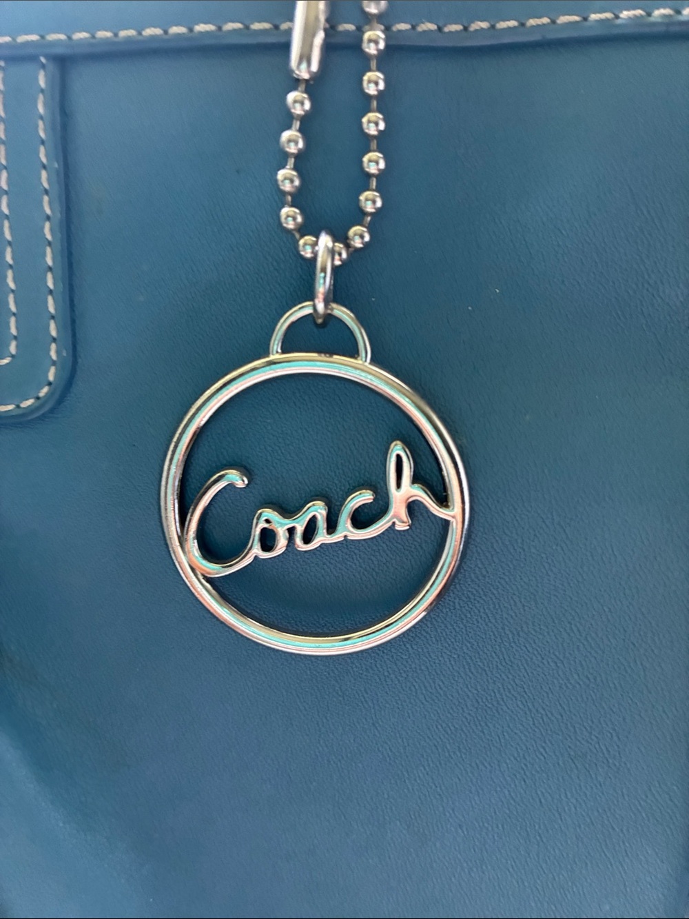 Coach Blue Leather Tote with Silver Coach Charm - Picture 2 of 8